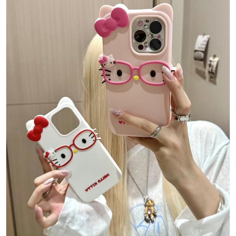 Ốp Điện Thoại iPhone, Thiết Kế Hình Mèo KT, Kính 3D, Chất Liệu Silicon Mềm, Linh Hoạt, Mềm Mại Và Chống Sốc, Dễ Thương Cho Bé Gái 6-7-8-X-11-12-13-14-15Plus 16 pro max, Màu Hồng linh kiện dựng iphone