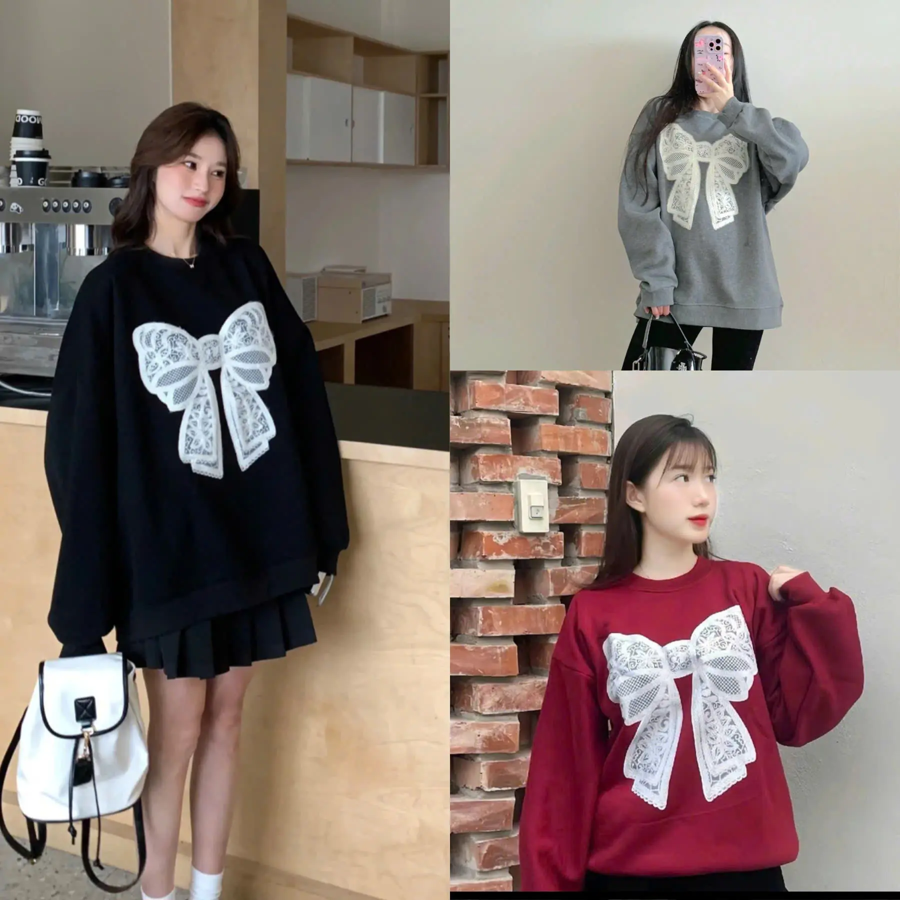 ÁO SWEATER IN NỔI NƠ, IN NỔI TRÁI TIM FORM 40_65KG NỮ TOP WOMEN HOODIE CỔ TAY GẤU BO DỆT ĐÓN NOEL TẾT