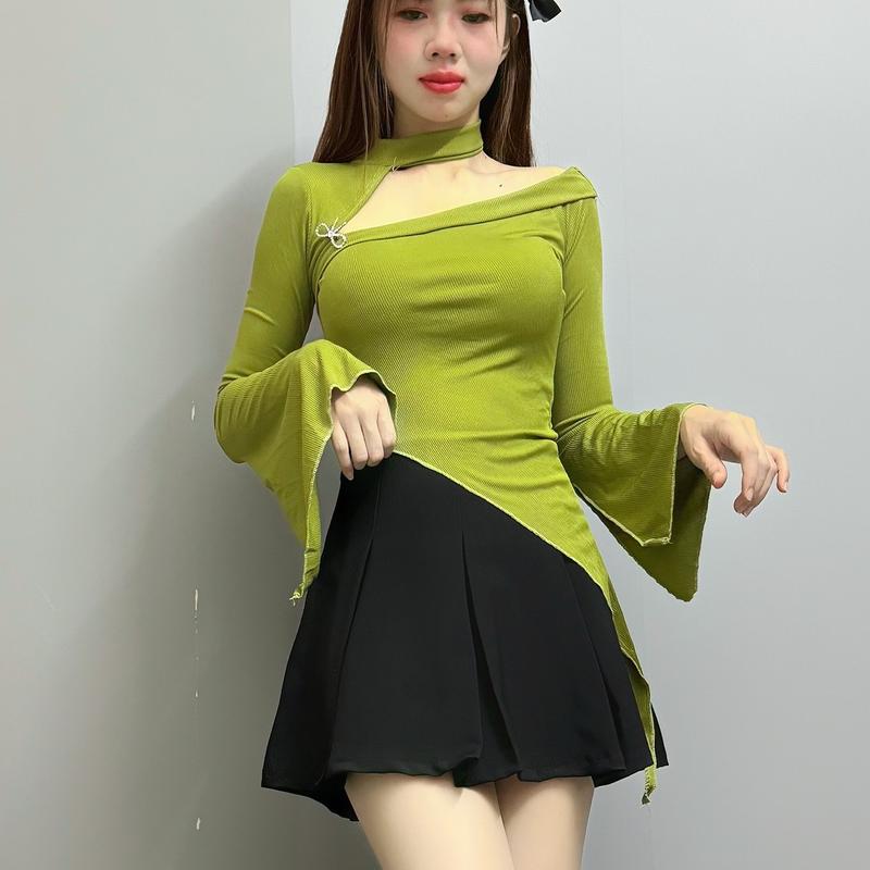Áo tay dài kiểu Xẻ Vai crtop phong cách cho Nữ thun tăm co dãn tốt 3