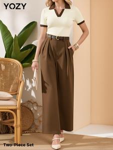 YOZY Women's Short Sleeve Collared Top & Solid Pocket Pants with Belt, Casual Fashion Cozy Two-piece Set for Daily Outdoor Wear, Women Clothes for Spring & Fall