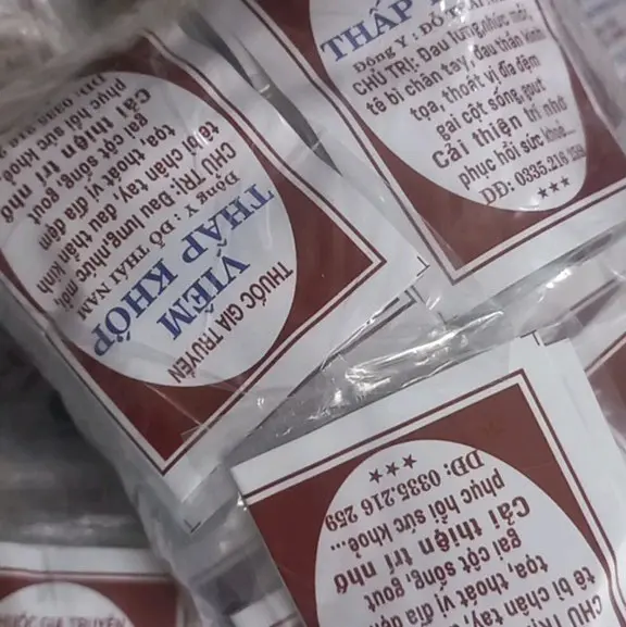 Thuốc gia truyền viêm thấp khớp 100 gói VIÊM THẤP KHỚP ĐỖ THÁI NAM. CHỦ TRỊ : Nhức mỏi đau lưng, tê bại, thấp khớp, thần kinh, tọa