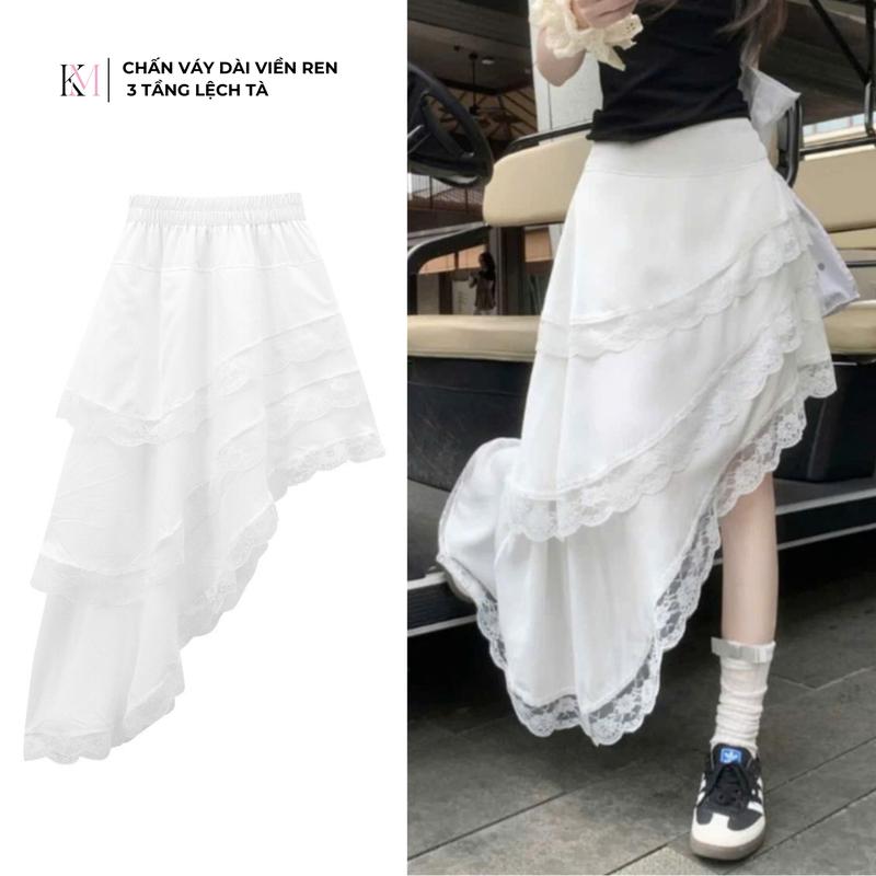 Chân váy dài phối viền ren ba tầng lệch tà cách điệu cho nữ - CV02 Women Voan