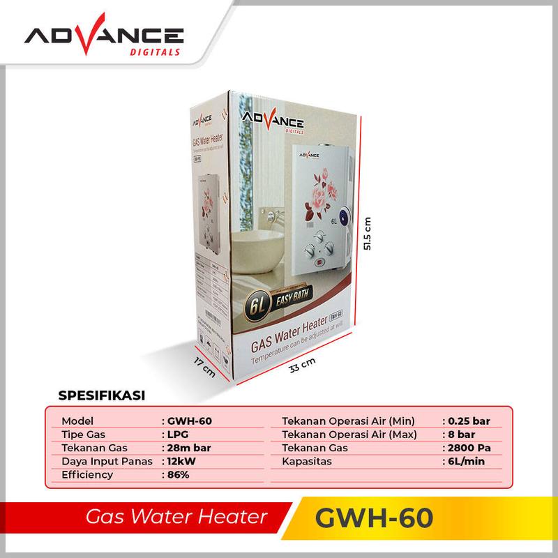 【COD】Advance GWH-60 Gas Water Heater Pemanas Air 6 Liter Free Shower Original Bergaransi 1 Tahun 6