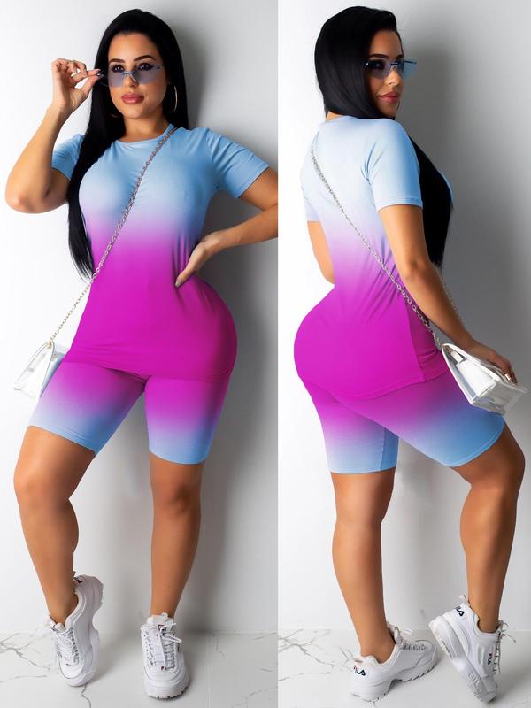 Two-piece Set Women's Baggy  Ombre Print Short Sleeve T-shirt & High Waist Short Leggings Set, Casual Round Neck Tee & Skinny Shorts, Women's Summer Clothes for Daily Wear 7