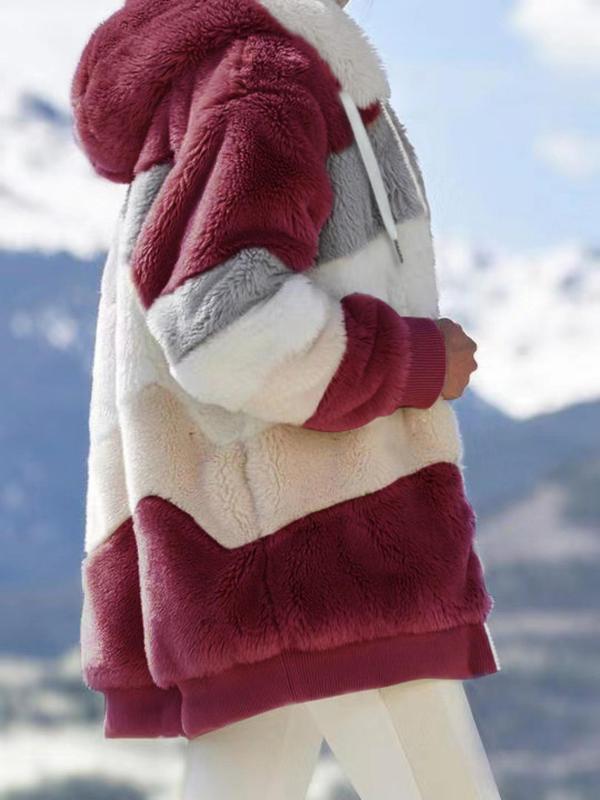 Women's Colorblock Drop Shoulder Hooded Polar Fleece Coat, Fashion Casual Long Sleeve Zip Up Warm Outerwear For Daily Outdoor Wear, Women's Clothing 7