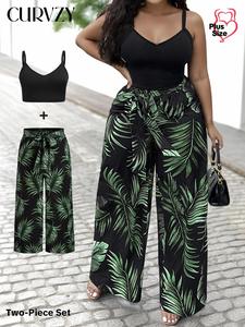 CURVZY Two-Piece Set Plus Size Plain Cami Top & Leaf Print Wide Leg Pants, Casual Sleeveless Top & Pants for Daily Wear, Women's Two-piece for Summer