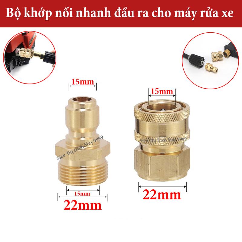 Bộ khớp nối nhanh máy rửa xe, Đầu nối nhanh ren 22mm chống xoắn dây áp lực rửa xe 22mm (Ren bi 22mm)
