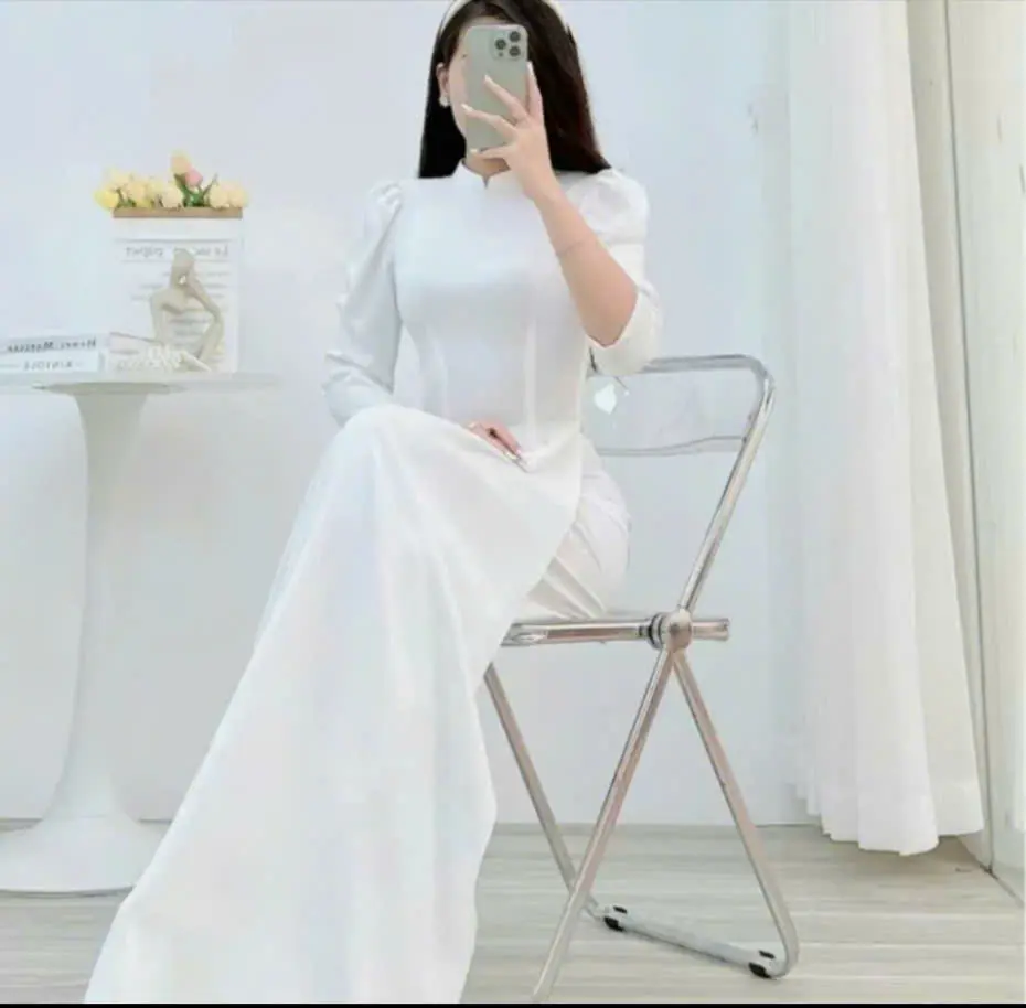 Aó dài truyền thống học sinh tay bồng , tay lỡ -women Dress Màu Trắng