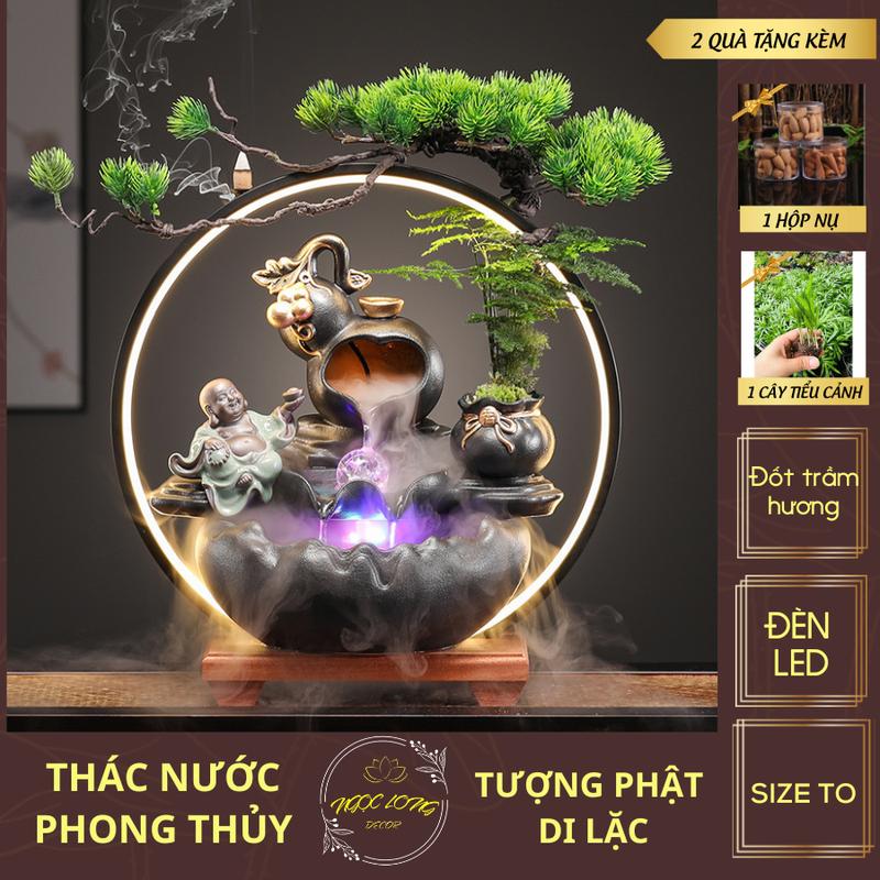 Thác Nước Phong Thủy Bình Hồ Lô Tượng Phật Di Lặc Để Bàn Kèm Đèn Led Qùa Tặng Phong Thủy Tặng Sếp - Ngọc Long Decor Decor Phòng Phòng Khách Phòng Làm Việc tiểu cảnh