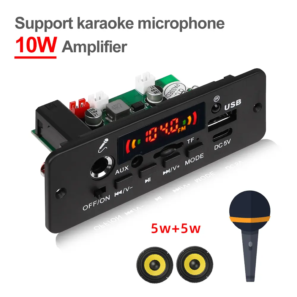 10W Amplifier Bluetooth DIY MP3 Decoder Board 5W DC 5V Music Player Car FM Radio Module TF USB Record Handsfree Call Microphone
