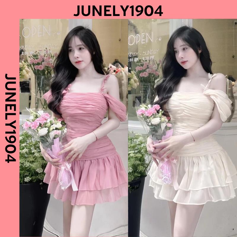 (Sẵn mút ngực) Đầm 2 dây tơ nhún có cúp ngực dáng xòe ngắn tiểu thư, váy trễ vai 2 dây nơ bánh bèo dúm thân kèm quần bảo hộ rời