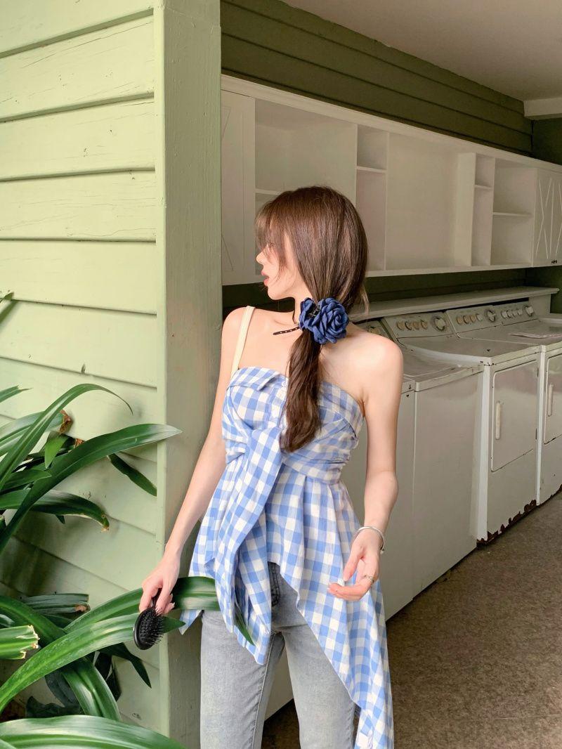 Product Introduction of Áo Ống Lưng Đẹp Trễ Vai, Áo Sơ Mi Kẻ Sọc, Phong Cách Gợi Cảm, Hàng Mới Về Mùa Hè, Bất Đối Xứng, Cô Gái Nóng Bỏng, Có Khóa Kéo, Áo Chui Đầu, Dành Cho Nữ 7