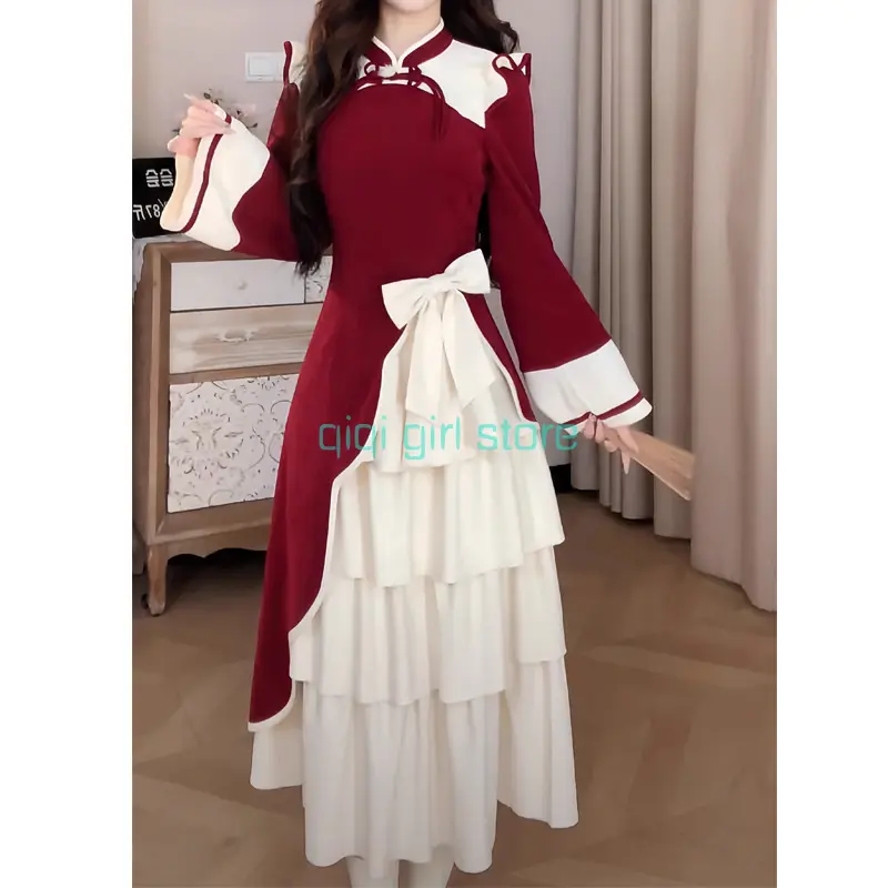 Váy Sườn Xám Trung Quốc, Với Cạnh Vải Đan Và Nơ, Thích Hợp Cho Mùa Thu Và Mùa Đông, Phong Cách Mới, Quyến Rũ Và Vui Tươi, Thích Hợp Để Hóa Trang, Thích Hợp Cho Các Mẫu Chị Em, [Cô Gái Qiqi] 1