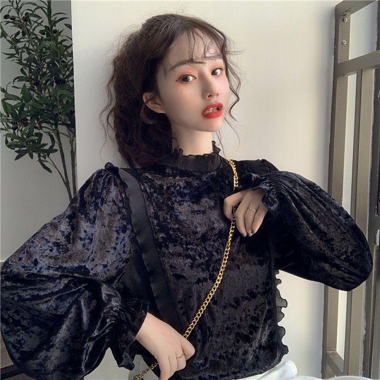 Product Introduction of Áo Sơ Mi Nhung, Ngọt Ngào Và Thanh Lịch, Chắp Vá Selvedge Dây Cổ Đứng, Hàng Mới Về Mùa Thu Cho Nữ, Tay Phồng Trẻ Trung, Áo Dài Tay 5
