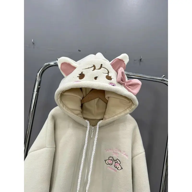 Áo khoác nỉ  hoodie zip nữ hoạ tiết  cún nổi bật mũ phối tai   kem nơ cực xinh Top Womentop 2025 3