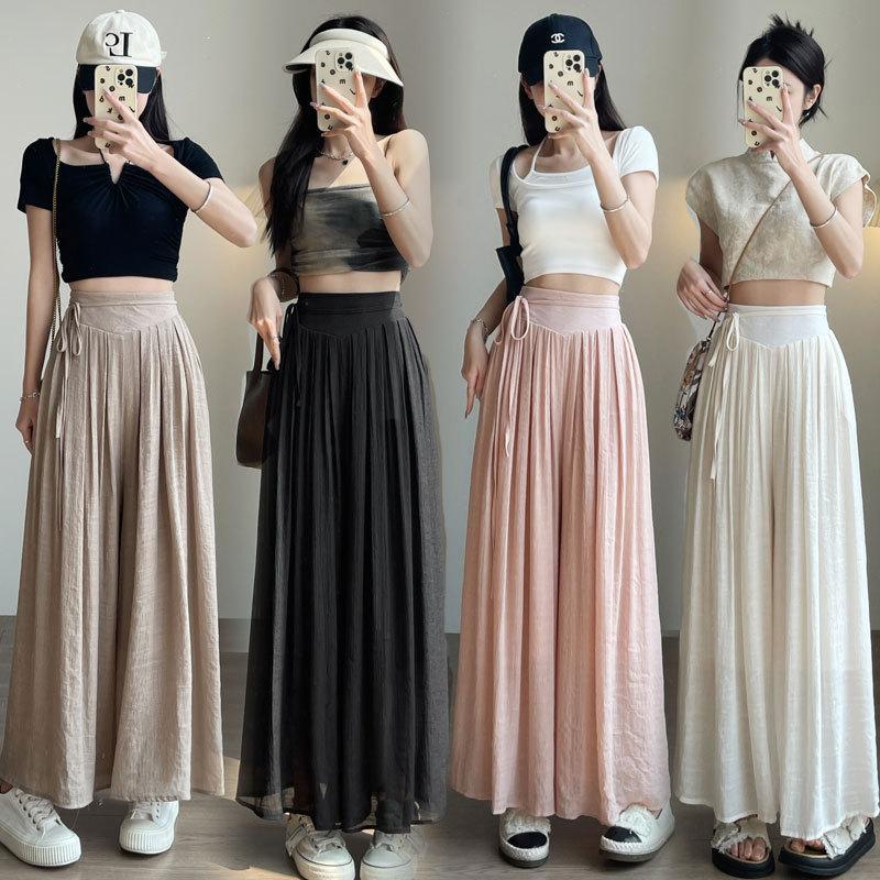 Quần ống rộng nữ vải đũi tơ mềm mướt ullazang cạp chun sau buộc dây sang trọng. Pants Voan 1