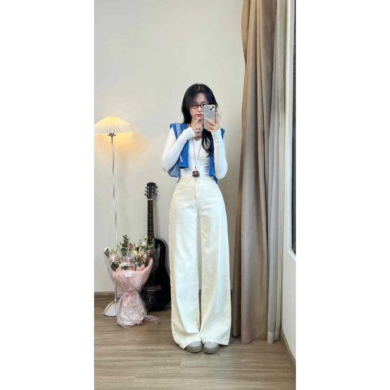 Quần jeans bò màu kem ống suông rộng phong cách Hàn Quốc 8