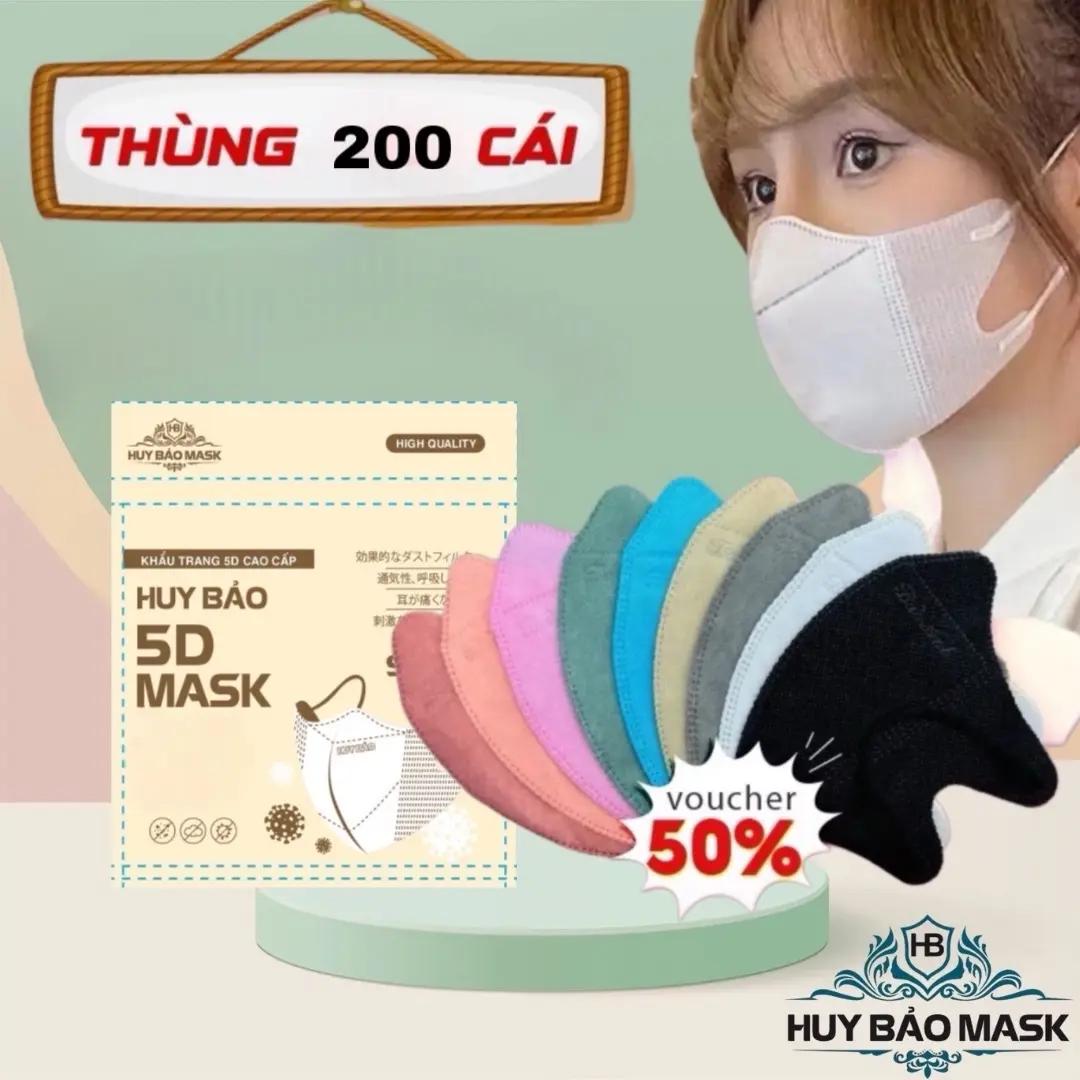 Khẩu Trang 5D Huy Bảo( thùng 200) chiếc fom dành cho cả nam và nữ.khẩu Trang chính hãng, kháng khuẩn chống bụi mịn,giọt bắn,tia UV Che Mặt Accessories Phụ Kiện Voi Voi