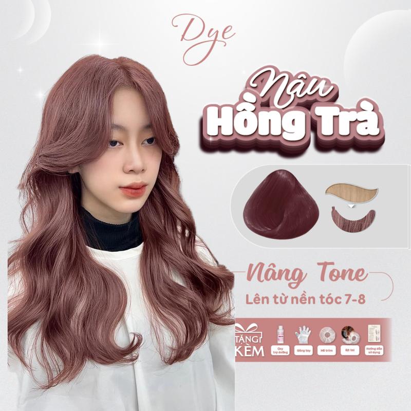 Thuốc nhuộm tóc NÂU HỒNG TRÀ DYE.HAIR tặng kèm oxy trợ dưỡng và bao tay Không chứa silicon Bền màu Bền màu Đổi Màu Tóc Dưỡng Tóc Nữ