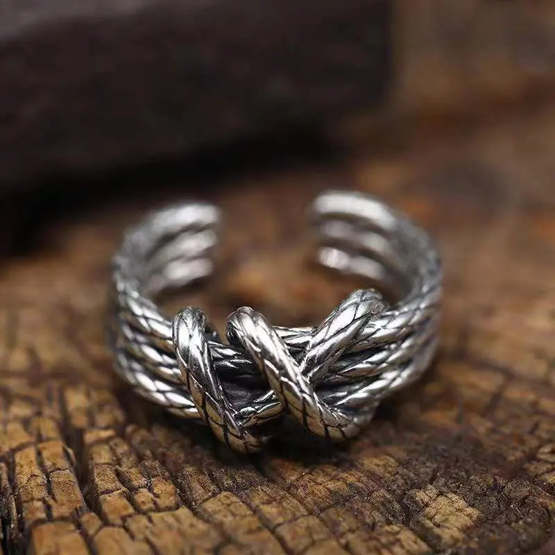Trendy Men's Retro Vegetarian Finger Opening Ring Made of Old Hemp Rope Geometric Ring
