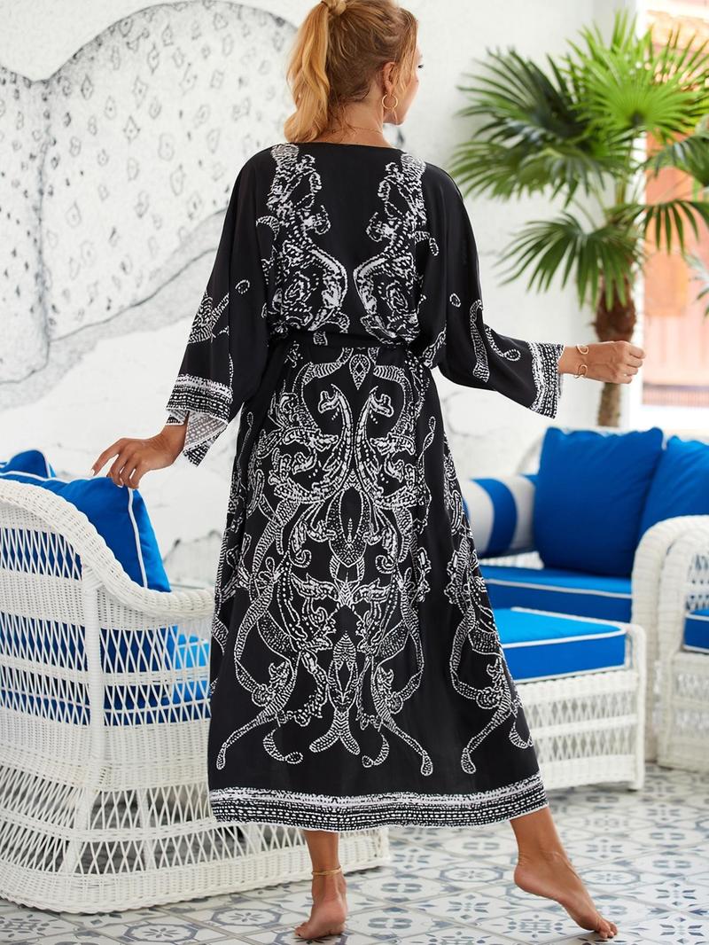 Product Introduction of Women's Boho Plants Print Kimono Sleeve Belted Kimono Coat, Summer Clothes Women, All Over Print Long Sleeve Cover Up for Women, Ladies Clothes for Summer Beach Vacation, Clothing 21