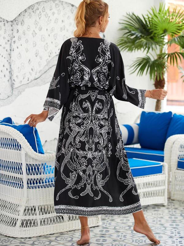 Women's Boho Plants Print Kimono Sleeve Belted Kimono Coat, Summer Clothes Women, All Over Print Long Sleeve Cover Up for Women, Ladies Clothes for Summer Beach Vacation, Clothing 7