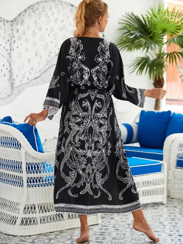 Women's Boho Plants Print Kimono Sleeve Belted Kimono Coat, Summer Clothes Women, All Over Print Long Sleeve Cover Up for Women, Ladies Clothes for Summer Beach Vacation, Clothing 7