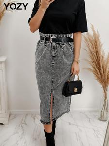 YOZY Women's Denim-Effect Print Paper Bag Waist Split Hem Skirt, Casual Pocket Design Midi Skirt for Daily Wear, Ladies Bottoms for All Seasons