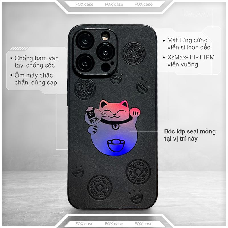 Ốp iPhone MÈO THẦN TÀI có 15 Pro Max phụ kiện viền cao su chống va đập