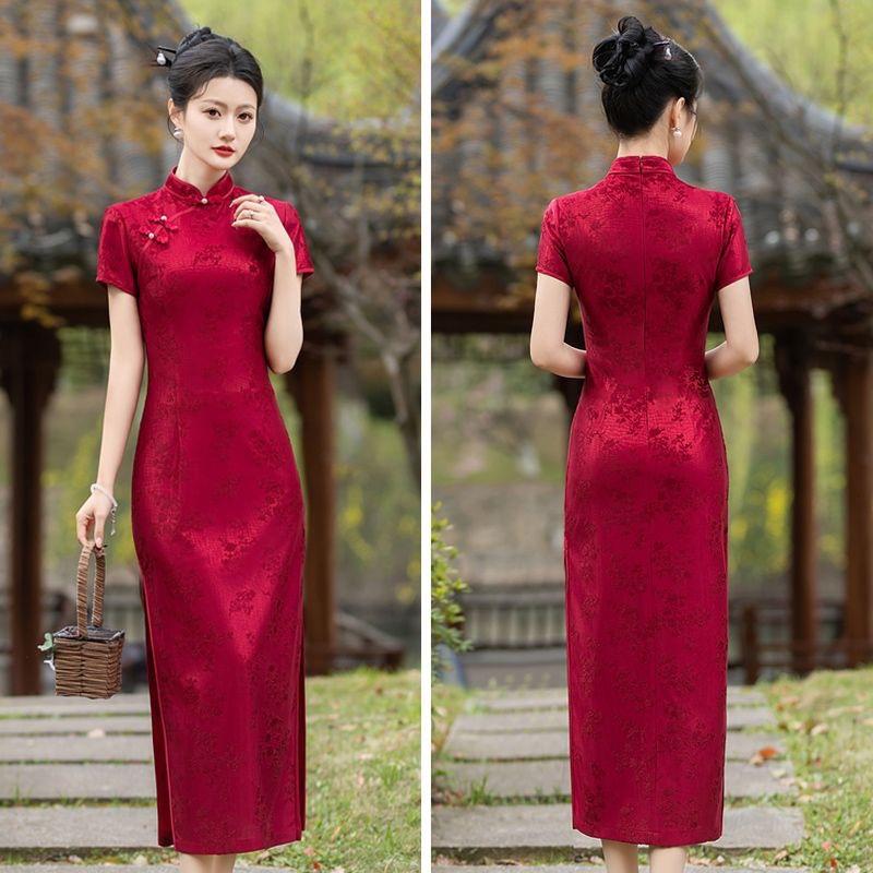 Đầm sườn xám cách tân dáng dài màu đỏ ,sườn xám thượng hải phong cách truyền thống