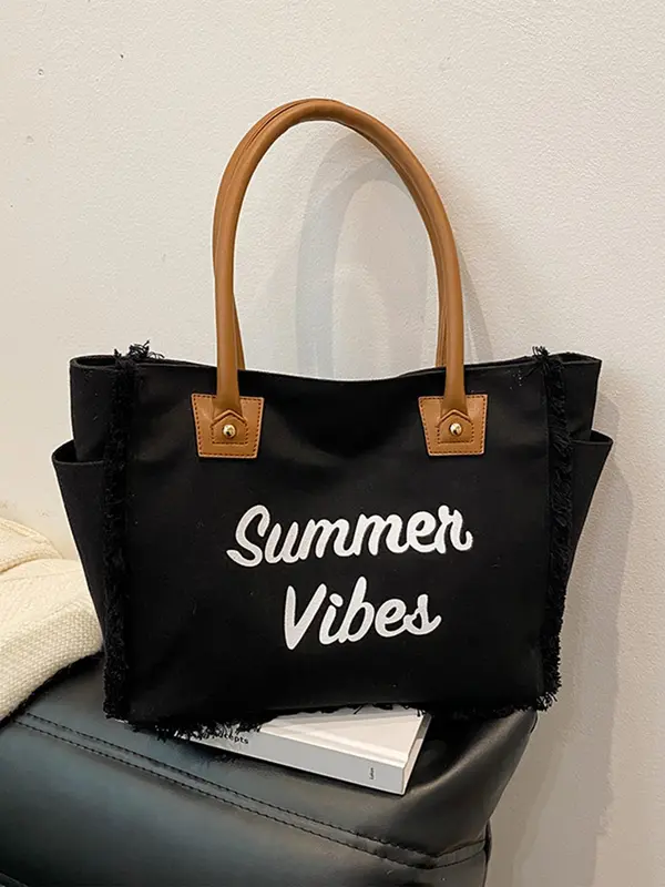 Women's Fashionable Letter Print Tote Bag, Casual Large Capacity Shoulder Bag for Daily Used, Trendy All-match Bag for Commuters and Students 2