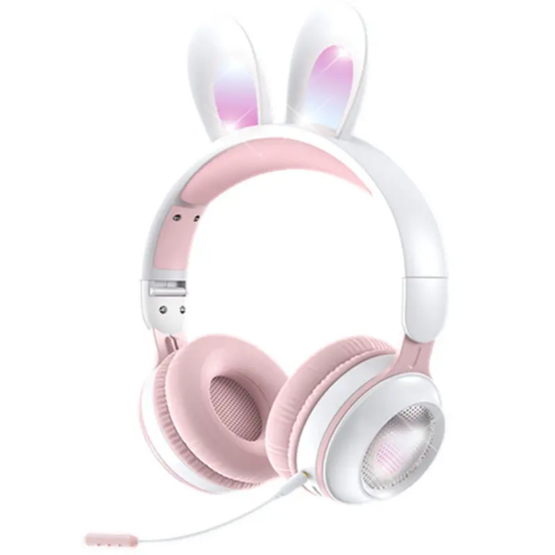 Rabbit Ear Headphones, LED Lights Computer Headphones, Headset Bluetooth 5.0 Headphones (White Pink)