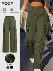 YOZY Women's Plain Flap Pocket Cargo Pants, Casual Streetwear Trousers for Daily Wear, Ladies Bottoms for All Seasons