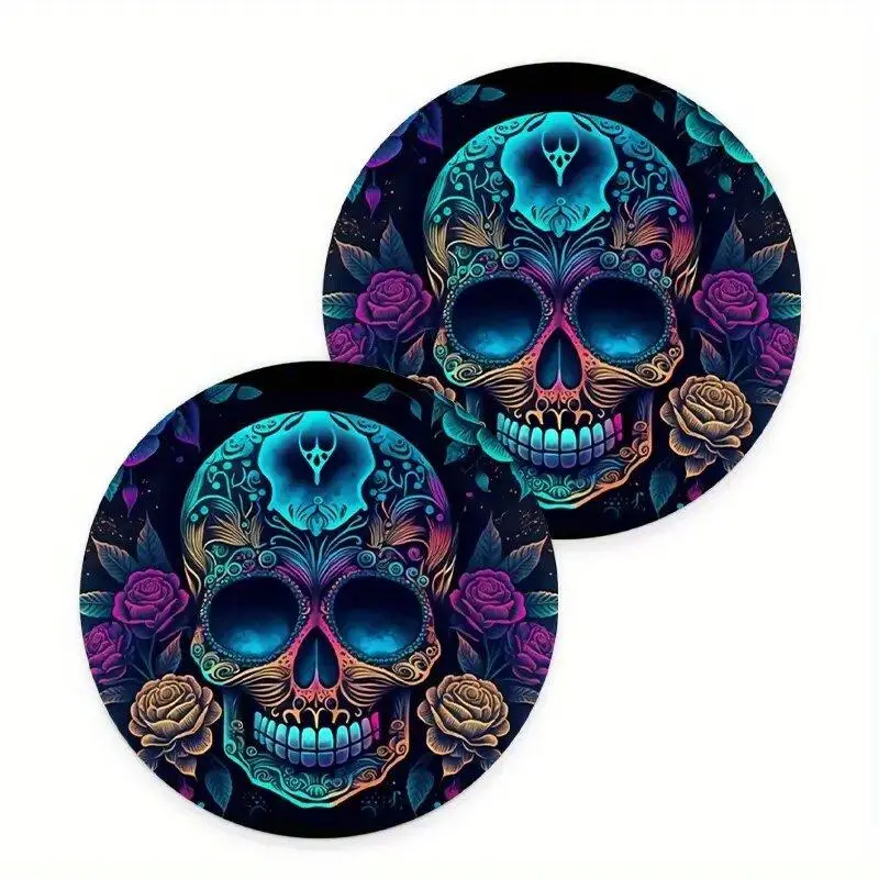 Creative Skull Pattern Car Coaster, Round Anti-slip Car Cup Holder Coaster, Car Interior Decoration Accessories for Men & Women
