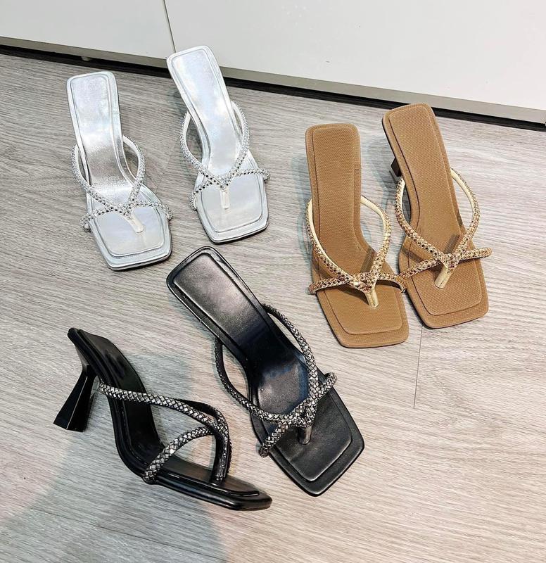 Dép cao gót Nơ gót mảnh gót cao 7 Phân Bling Bling Đơn giản, nhẹ nhàng Giày Bánh Bèo mã Depbling7p Nữ DéP giay 7cm dé p caogot Shoes Nhung Hoa