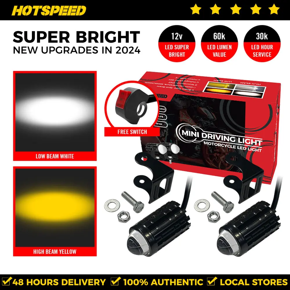 HOTSPEED 2Pcs Motorcycle Mini Driving Lights Full Set For Motorcycle Heavy Duty Headlight With Switch LED Lights Low Beam White & High Beam Yellow Super Bright Mini 2 Color Dual Fisheye Lens Fog Spot Headlamp Full Set