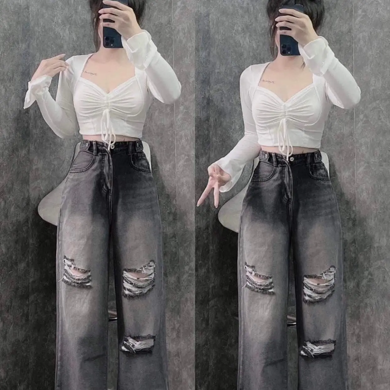 Set Quần Baggy Jeans Đai Nút Xám Rách Mix Áo Thun Rút Dây Tay Loe