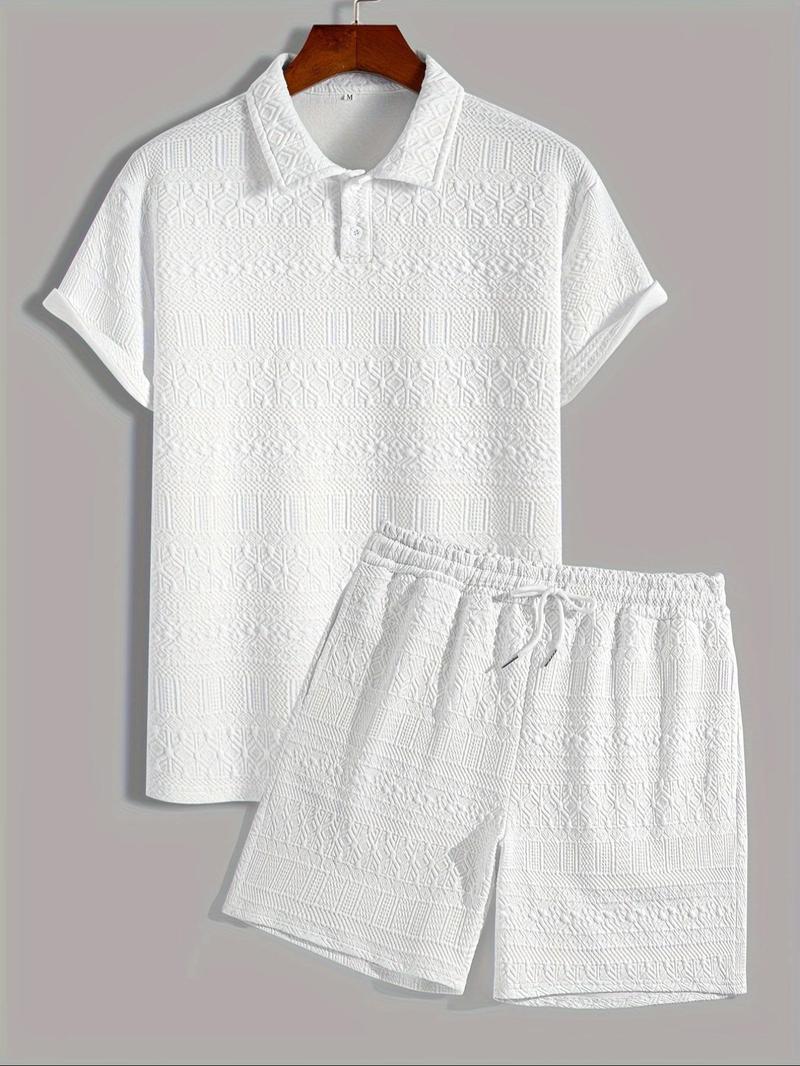 Product Introduction of Men's Jacquard Polo Shirt & Shorts Set, Regular Fit Casual Short Sleeve Collared Top & Drawstring Waist Shorts, Summer Clothes Set for Men 1
