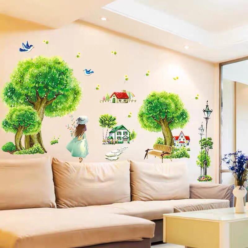 Decal dán tường cây xanh cô gái sẵn keo dán. 