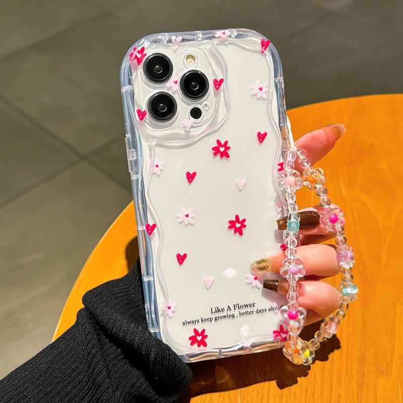 Product Introduction of Cute Flower Pattern Phone Case with Beaded Lanyard, Decorative Phone Protector Cover, Phone Accessories Compatible with iPhone 2