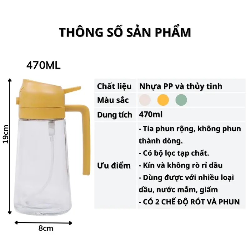 Chai đựng dầu ăn bằng thủy tinh 470ml có hai chức năng xịt phun sương và rót dầu ăn cao cấp thích hợp dùng khi nấu ăn 1
