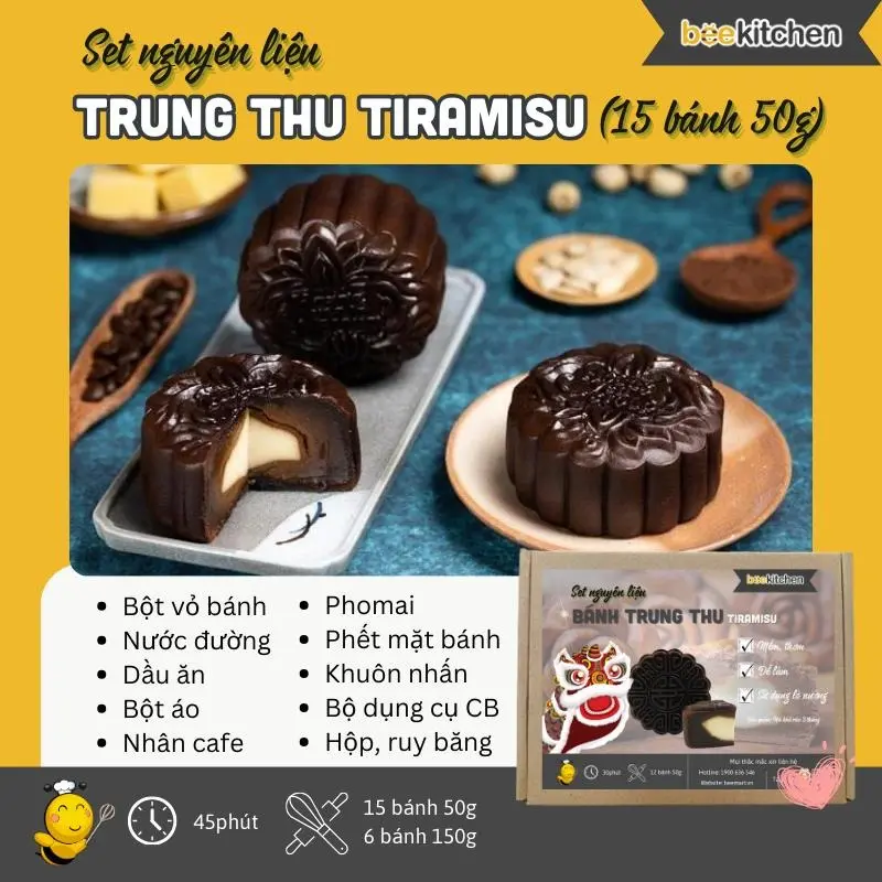 Set làm bánh trung thu Tiramisu dễ làm từ nguyên liệu có sẵn, thành phẩm 15 bánh 50g, tặng kèm khuôn và bộ phụ kiện làm bánh ( Food Cake Thức Ăn