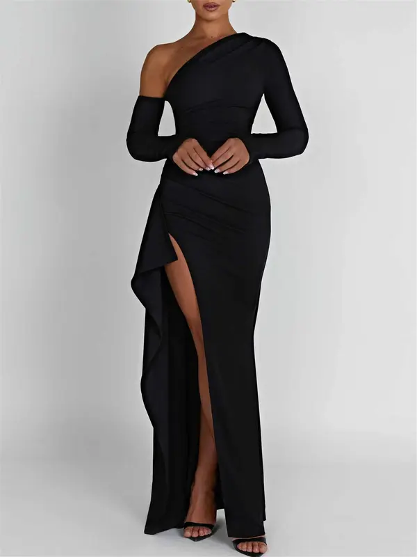 Women's Split Thigh Ruched Asymmetrical Neck Bodycon Dress,  Wedding Dress, Formal Basic Sexy Comfort Long Sleeve Solid Maxi Dress, Lady Clothing for Spring & Fall, Womenswear 3