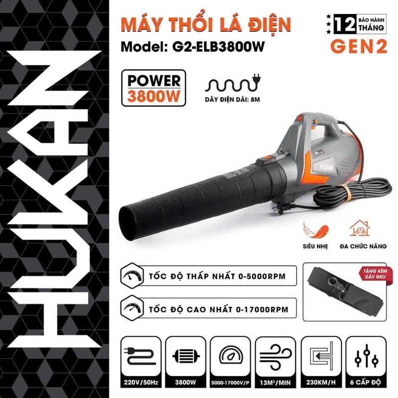 Máy thổi Lá điện Hukan ELB-G2 3800 Công suất 3800W cực mạnh dây nguôn 8m 6 cấp độ Thái Bảo 2
