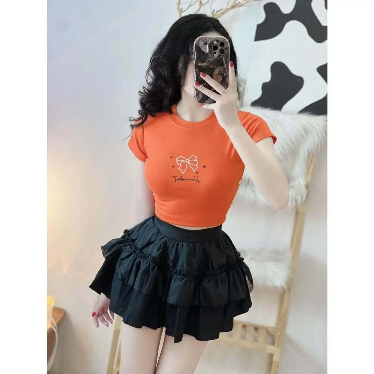 CR199 Áo Thun Nữ Croptop In Hình Đính Nơ Eo Tay Ngắn Dáng Ngắn