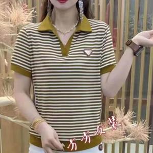 100KG Can Wear Internet Celebrity Mustard Yellow Polo Shirt Women Oversized Stripe Short Sleeve Korean Version Showing Slim V Neck Tops Ladies Casual Lapel T-shirt Trendy