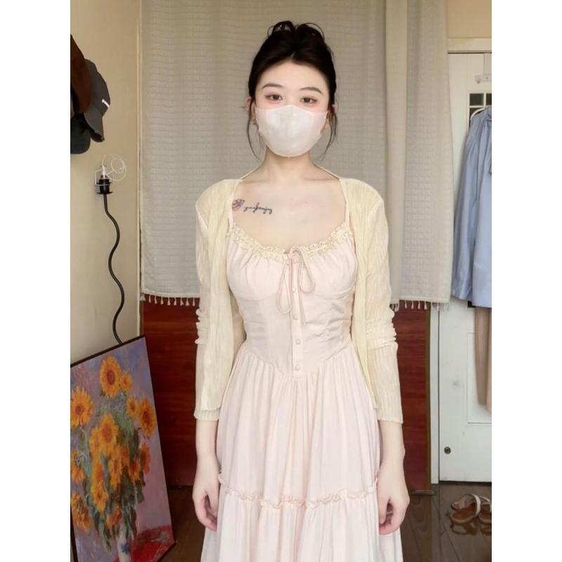Bộ Đồ Nhẹ Nhàng, Áo Khoác Cardigan Mùa Hè Cho Nữ, Váy Hai Dây Bó Sát Eo, Váy Dài, Bộ Đồ Hai Mảnh 2