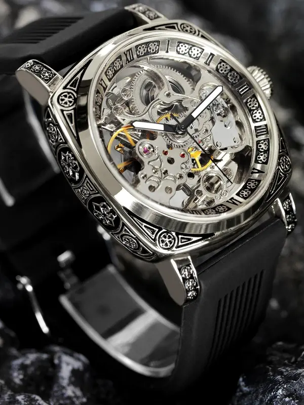 Men's Business Fashion Mechanical Watch, Fashion Watch with  Silicone Strap, Trendy Watch for Daily Life, with Box 0