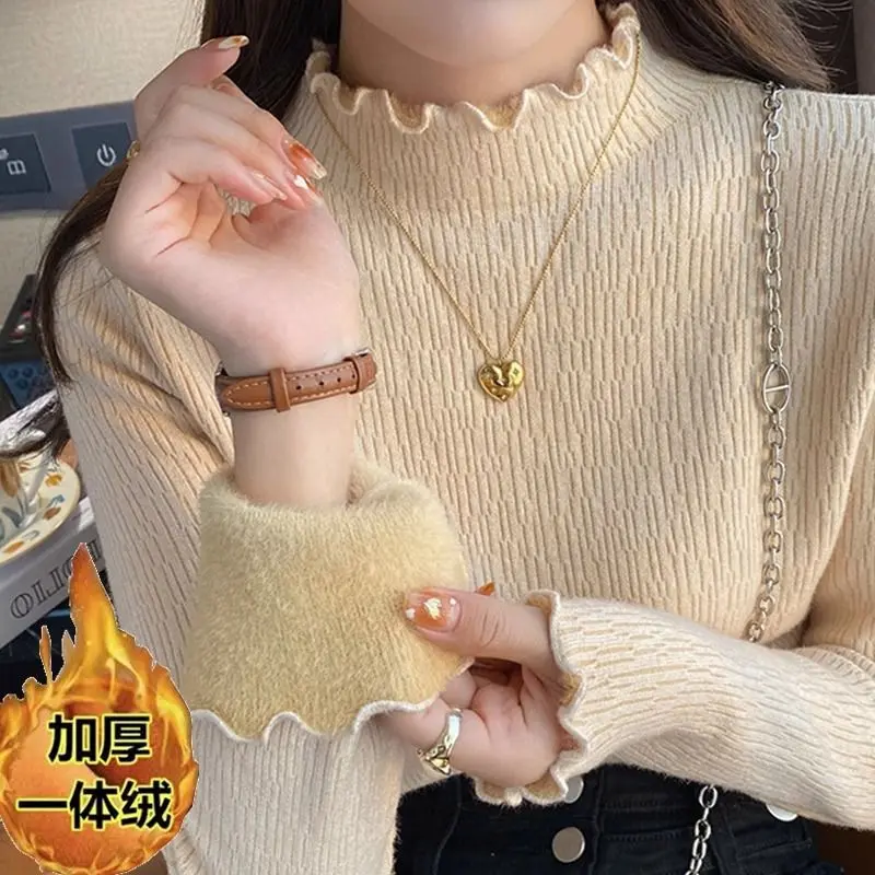 Áo Len Dày Lót Lông Cừu Nhung Một Mảnh Cho Nữ, Áo Lớp Cơ Bản Viền Tai, Áo Ôm Và Nửa Cổ Lọ, Mùa Thu Và Mùa Đông, Mới