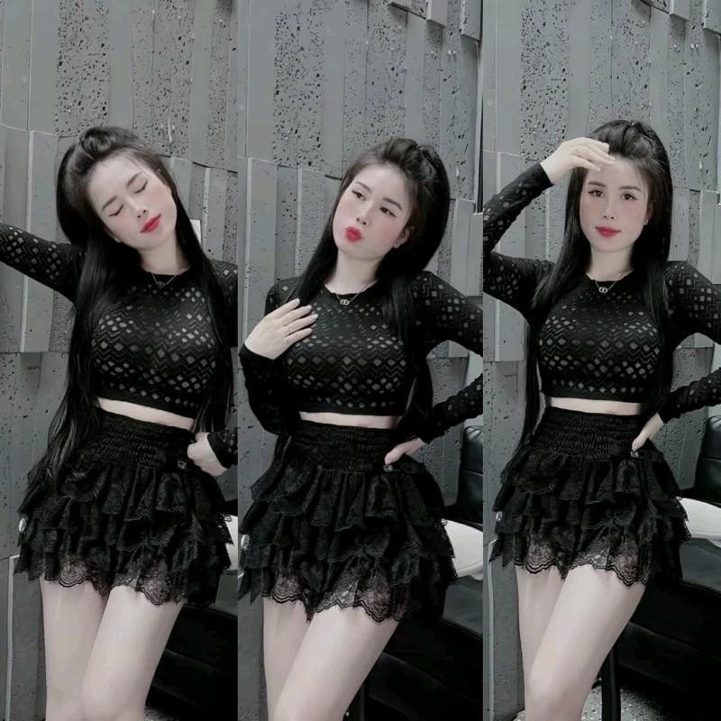 Set Bộ Áo Ren Tằm Ô Sịn Tay Dài Croptop + Chân Váy Ren Tầng Có Lót Quần Nữ Viền Ren(mẫu hiện shop thiết kế theo lưng thun kiểu dáng đẹp hơn)
